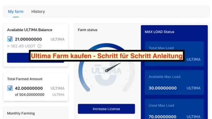 Ultima Farm kaufen . Titelbild, es wird das Dashboard gezeigt